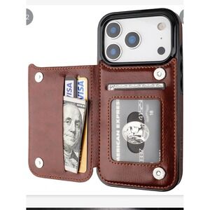 ONETOP iPhone 17 Pro Wallet Case Brown Leather‎ Card Holder Magnetic Clasp